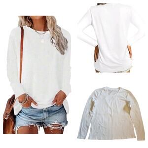 Womens Casual Long Sleeve Tee Size M White Crew Neck Soft Stretch Knit Top